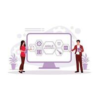 Male and female developers are doing business agile development software coding on screen. Trend Modern vector flat illustration.