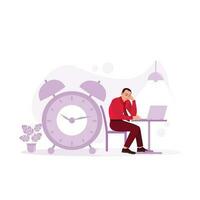 The clock shows time with a male employee sitting and working with a laptop, trying to meet the deadline. Trend Modern vector flat illustration