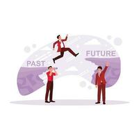 Entrepreneurs who jump from the precipice of the past to the precipice of the future. Fix it and move on to the concept. Trend Modern vector flat illustration.