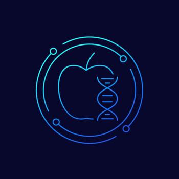 genéticamente modificado manzana icono, lineal diseño vector