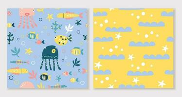 Seamless patterns collection for kids. Vector set includes cute graphic elements, hand drawn cartoon used for printing, wallpaper, children's clothing pattern design.