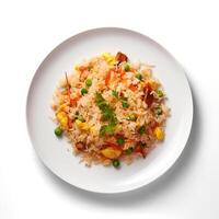 Photo of Fried Rice on plate  isolated on white background. Created by Generative AI