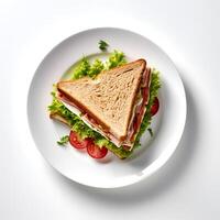 Food photography of sandwich on plate isolated on white background. Generative AI photo