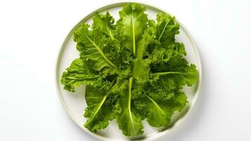 Photo of Mustard greens on plate isolated on white background