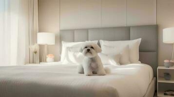 Maltese dog lying on bed in hotel with contemporary interior design. Generative AI photo