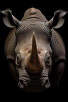 Close up photo of Rhinoceros on black background. Generative AI