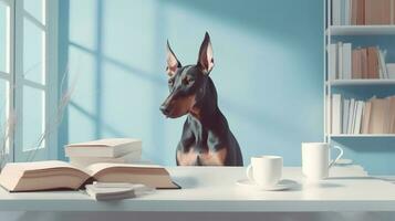 un caballero perro en un suéter se sienta estudiando acompañado por un taza y pila de algo de libros. generativo ai foto
