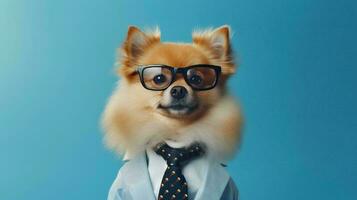 Photo of haughty pomeranian dog using glasses  and office suit on white background. Generative AI