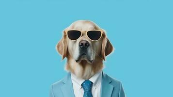 Photo of haughty golden retriever dog using sunglasses  and office suit on white background