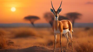 Photo of Gazelle on savanna at sunset. Generative AI