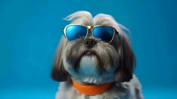 Photo of haughty lhasa apso dog using sunglasses  and office suit on white background. Generative AI