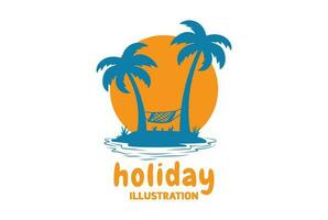 puesta de sol playa isla con palma arboles y hamaca para turismo viaje fiesta ilustración vector