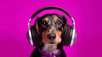 Photo of dachshund using headphone  on purple background. Generative AI