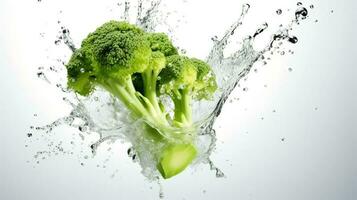 Photo of Broccoli with water splash isolated on white background