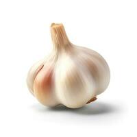 Photo of Garlic on wooden board isolated on white background