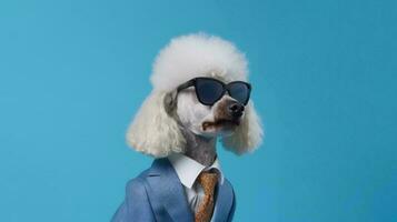 Photo of haughty poodle dog using sunglasses  and office suit on white background. Generative AI