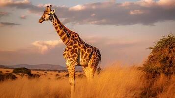 Photo of giraffe on savanna at sunset. Generative AI