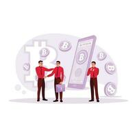 Two businessmen were shaking hands and transacting, an employee applauding. Bitcoin symbol and text transaction. Trend Modern vector flat illustration.