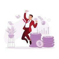 Portrait of a young man jumping happily, holding many banknotes and some stacks of coins. Trend Modern vector flat illustration.