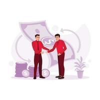 Two men agree and transact money face to face. Finance and transaction concept. Trend Modern vector flat illustration.