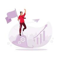 Portrait of a successful businessman on a mountain carrying a pen. Trend Modern vector flat illustration.