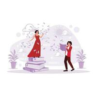 The woman in a beautiful dress is standing on a pile of books with confetti, and pia opening a book. Trend Modern vector flat illustration.