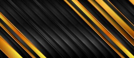Black and golden abstract tech background with glossy stripes vector