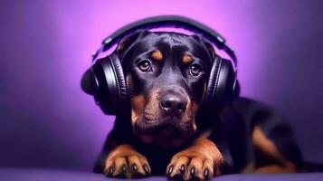 Photo of dachshund using headphone  on purple background. Generative AI