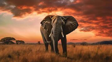 Photo of Elephant on savanna at sunset. Generative AI