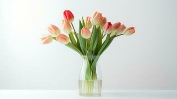 Photo of tulips in minimalist transparent vase as houseplant for home decoration on warm color background. Generative AI