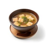Food photography of Miso soup on black bowl isolated on white background. photo