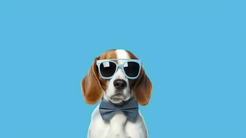 foto de arrogante beagle utilizando Gafas de sol y oficina traje en blanco antecedentes. generativo ai