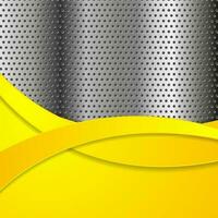 Tech metallic perforated background with yellow waves vector