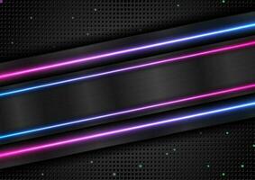 Technology abstract black metallic background with neon shiny light vector