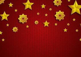 Golden stars and snowflakes on red knitted background vector