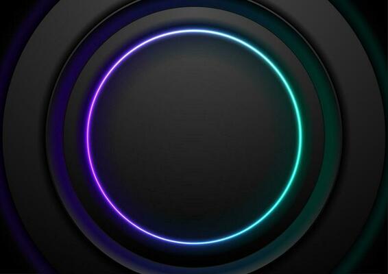 Technology abstract background with black circles and neon shiny ring