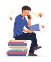 Man Sitting on Pile of Books and Thinking Creative Idea for Reading Concept Illustration vector