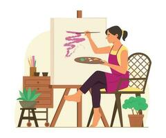 Painter Woman Painting Colors on Canvas vector