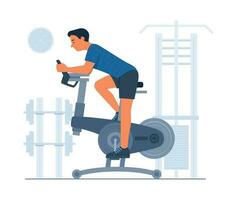 Man Exercise with Spinning Bike in Gym vector