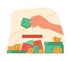 Human Hand Holding Banknote Money for Saving Money with Savings Jar Concept Illustration vector