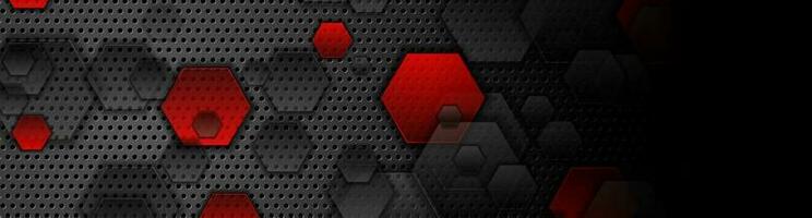 Red and black hexagons on dark perforated background vector