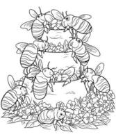 bee with flowers coloring page line art for kids vector