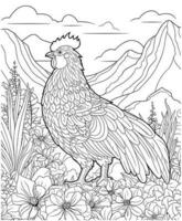 Chicken with mountains coloring pages vector