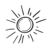 Cute cartoon hand drawn sun drawing. Sweet vector black and white sun drawing. Isolated monochrome doodle sun drawing on white background.