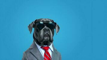 Boxer dog using glasses on blue background photo