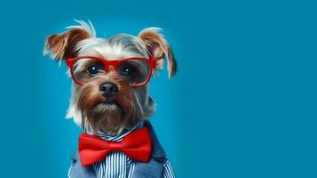 Photo of haughty yorkshire terrier using sunglasses  and office suit on white background. Generative AI