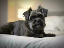 Portrait of Affenpinscher lying on bed photo