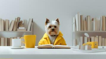 a yorkshire terrier dog in a yellow sweater sits studying accompanied by a cup and piles of books. Generative AI photo
