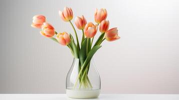 Photo of tulips in minimalist transparent vase as houseplant for home decoration on warm color background. Generative AI