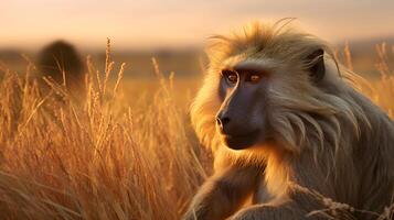 Photo of Baboon on savanna at sunset. Generative AI